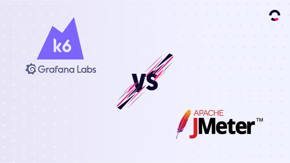 Fundo de cor levemente lilás com o logotipo do K6 à esquerda, no lado superior e o logotipo do JMeter na direita inferior. Entre eles, o dizer "vs" mostra a intenção de um artigo comparativo K6 vs JMeter.