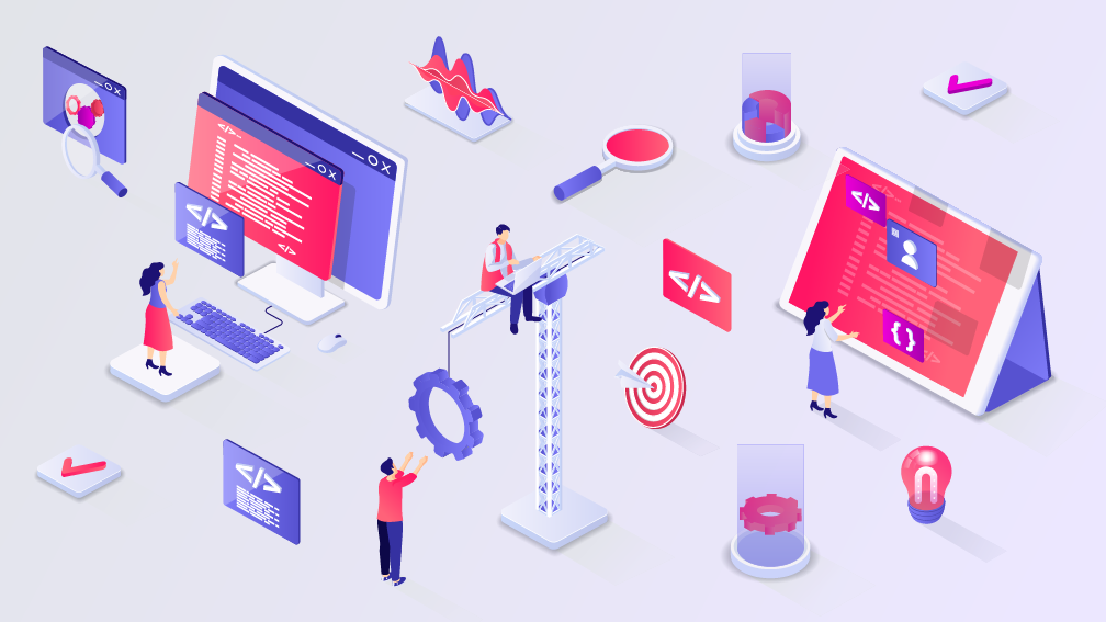Ilustração digital de pessoas interagindo com computadores e elementos de tecnologia, representando a aplicação de stress test, desenvolvimento de software e inovação tecnológica.