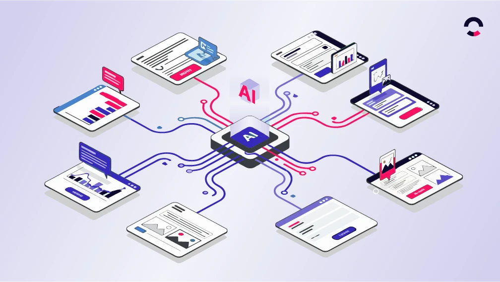Ilustração em estilo isométrico mostrando vários dispositivos conectados por circuitos com um ícone de AIOps no centro e gráficos em telas, sugerindo integração de dados e análise inteligente.