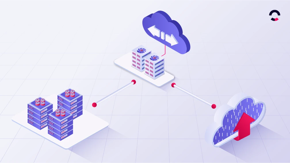 Diagrama isométrico mostrando infraestrutura em on premise vs cloud, com edifícios, conexão de rede e troca de dados representada entre servidores locais e nuvem.