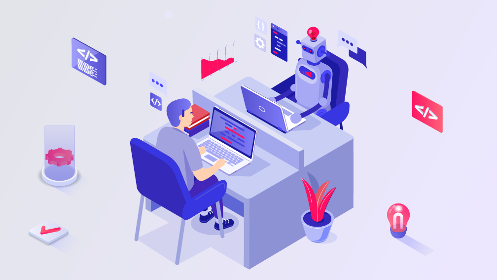 Imagem ilustrativa de automação com Robotic Process Automation (RPA), mostrando um robô interagindo com um funcionário em um ambiente de escritório com tecnologia de ponta e automação inteligente.