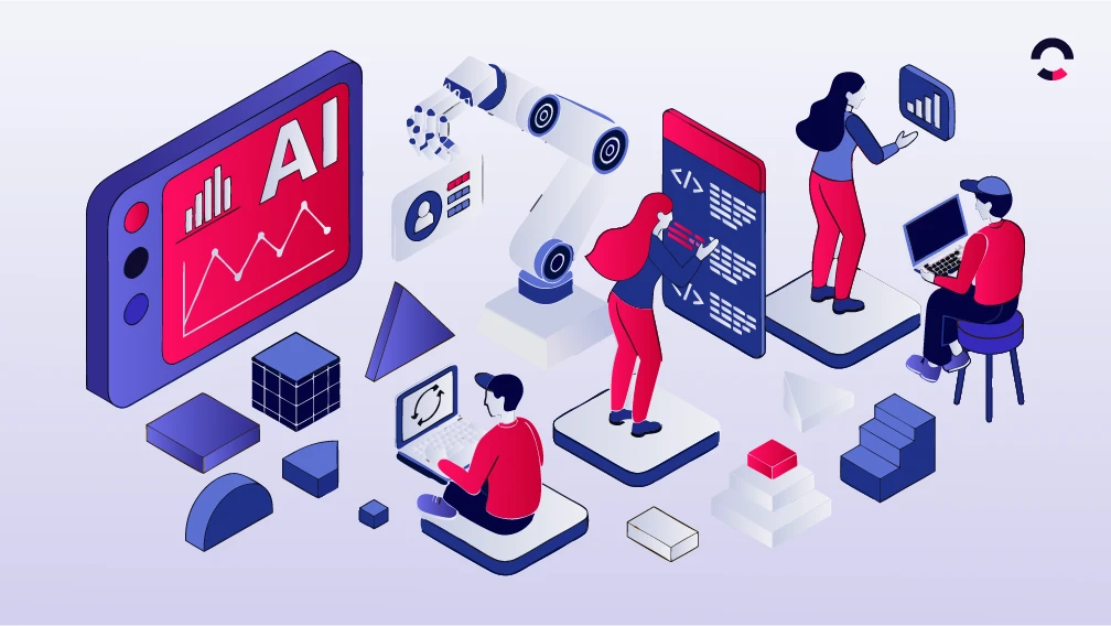 Ilustração isométrica sobre hiperautomação, com pessoas em frente a telas e painéis de dados, robôs virtuais, servidores e blocos conectados que representam processos automatizados e integrações.