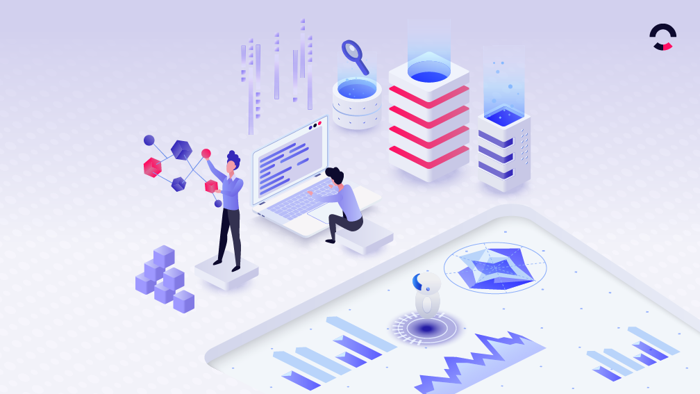 Ilustração de análise de causa raiz com profissionais analisando dados e gráficos, utilizando tecnologias e ferramentas para identificar problemas.