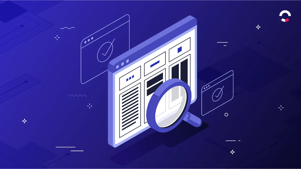 Quality assurance em ilustração digital com uma tela de navegador e um painel de checklists, ampliados por uma lupa, com ícones de verificação e detalhes em azul e roxo