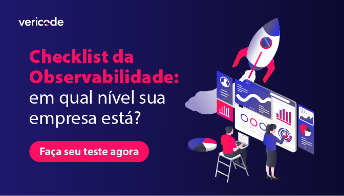 Ilustração moderna sobre checklist da observabilidade em empresas, com pessoas analisando dados em computadores e foguete simbolizando inovação tecnológica.