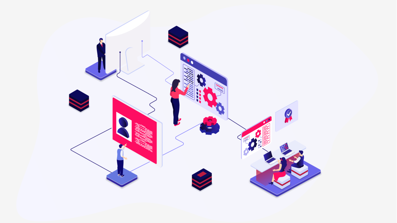 Ilustração mostrando sistemas interconectados com pessoas avaliando os resultados de um teste de software.