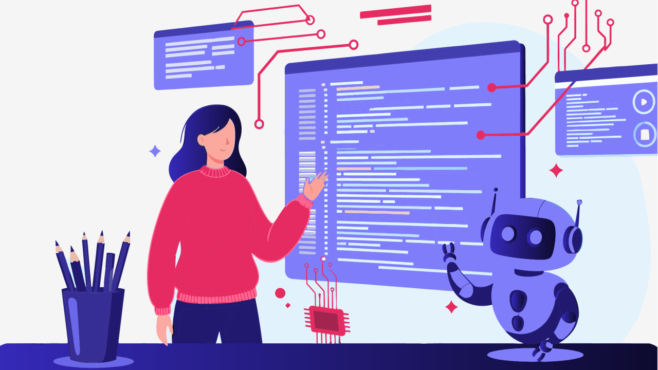 Ilustração de uma mulher interagindo com um robô inteligente e código de programação na tela, representando a automação com inteligência artificial em um pipeline de desenvolvimento.