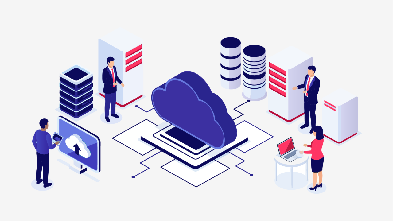 Ilustração digital do ciclo de vida de desenvolvimento do software mostrando profissionais de TI coordenando processos de nuvem, servidores e bancos de dados em um ambiente tecnológico.