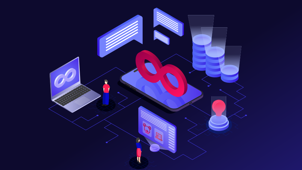 Ilustração digital representando conceitos de shift right testing com ícones de infinito, caixas de diálogo, gráficos e pessoas interagindo com tecnologia.