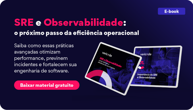 Imagem promocional de um ebook sobre SRE e observabilidade, destacando práticas para otimizar desempenho, prevenir incidentes e fortalecer a engenharia de software. Inclui botões de download gratuito.