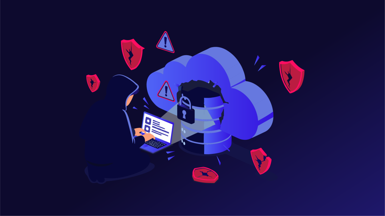 Ilustração de um hacker realizando testes de penetração em uma nuvem de dados, com escudo de segurança e alertas de vulnerabilidade, destacando a importância da segurança cibernética.