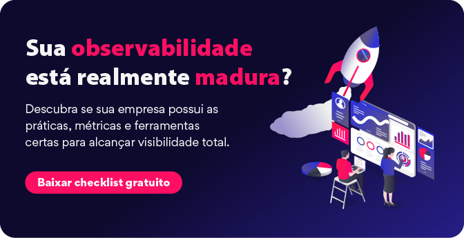 Imagem promocional sobre a maturidade da observabilidade, apresentando gráficos e pessoas analisando dados em telas digitais, incentivando o download de um checklist gratuito