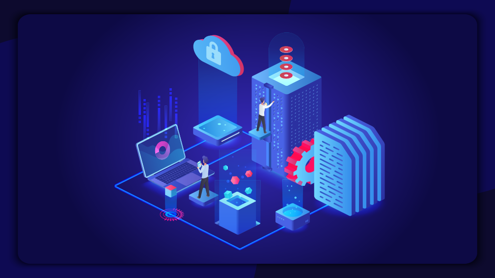 Imagem ilustrativa de DevSecOps na nuvem, mostrando segurança, automação e integração de processos em um ambiente de cloud computing com tecnologia avançada.