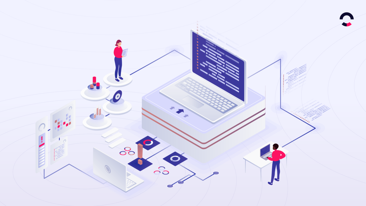 Ilustração de quality control com computadores e análises de dados, destacando processos de garantia de qualidade em ambientes de produção.
