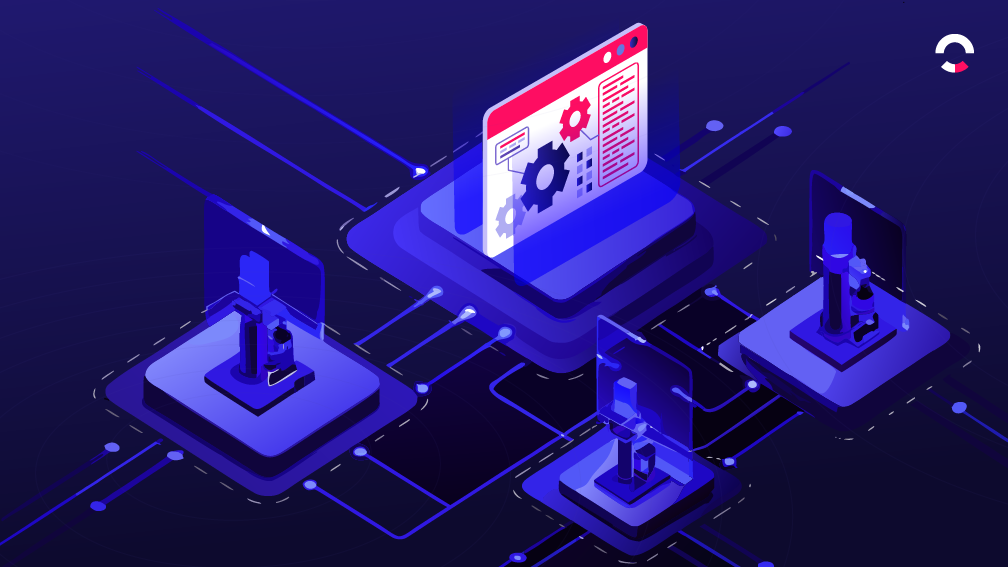 Imagem de testes de integração em desenvolvimento de software, apresentando servidores, computadores e interfaces conectadas em um ambiente digital futurista.