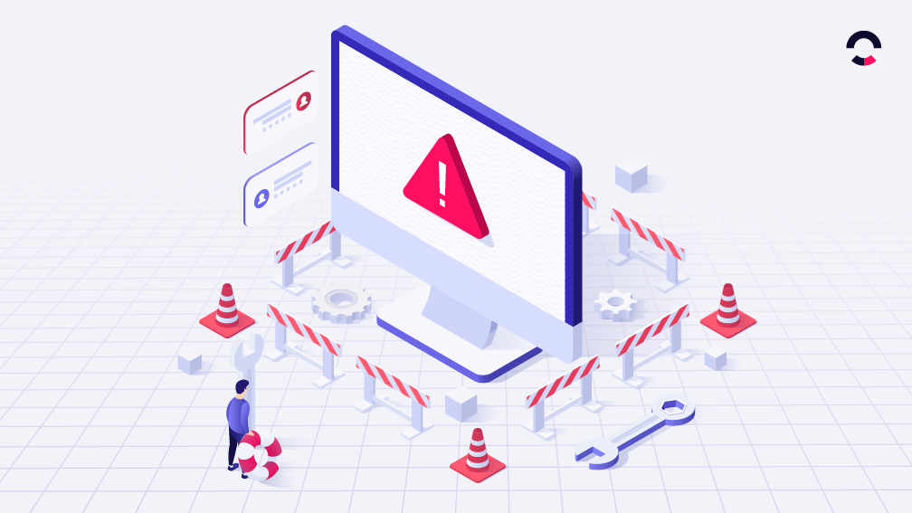 Imagem ilustrativa de um alerta de downtime em um sistema de TI, com cones de sinalização ao redor, indicando interrupções de serviço e necessidade de manutenção.