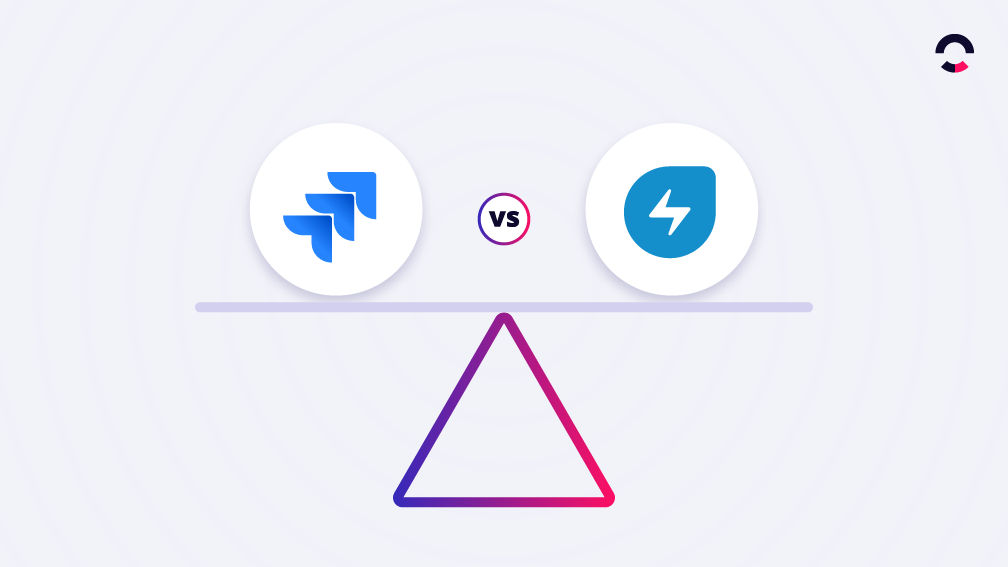 Esquema de balança com os ícones de cada marca (Atlassian e Freshworks) de cada lado para comparativo.