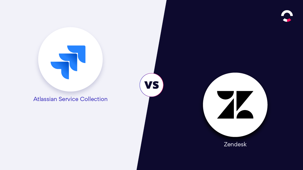 Imagem dividida ao meio com fundo claro contrastando com fundo escuro. No lado claro, logo do Atlassian Service Collection. No lado escuro, logo do Zendesk.