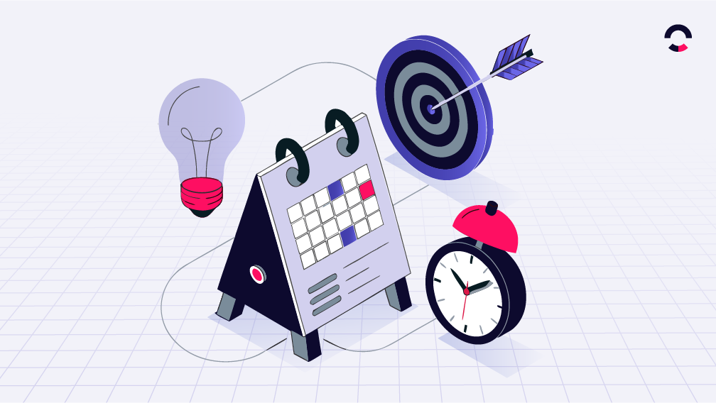 Ilustração conceitual de time to market com uma central de marketing em forma de computador, um alvo com seta e um relógio ao lado, sugerindo foco em acelerar lançamentos e decisões.