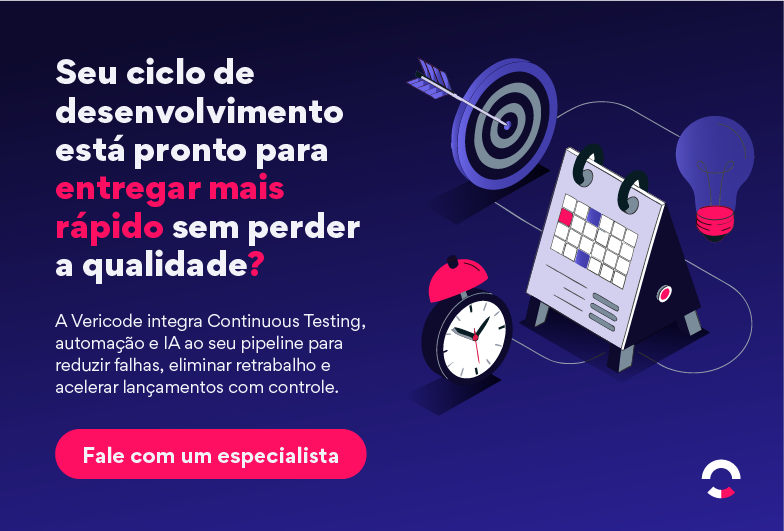 Banner de soluções de continuous testing com texto “Seu ciclo de desenvolvimento está pronto para entregar mais rápido sem perder a qualidade?” e ilustrações de um alvo, calendário e relógio, destacando verificação de qualidade e lançamento acelerado.