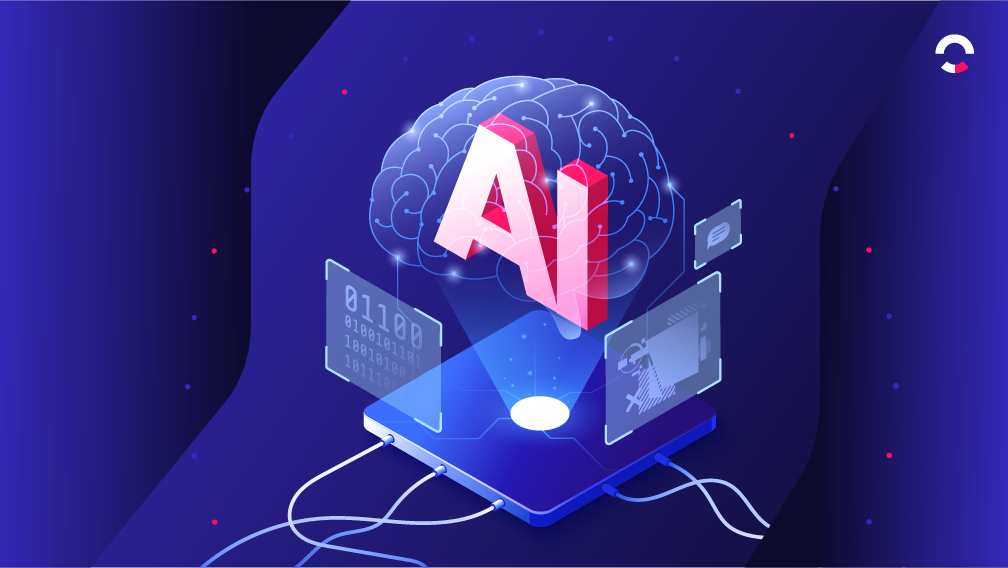 Ilustração de um cérebro digital com a palavra "AI", conectado com telas para simular a aplicabilidade da engenharia de software com IA