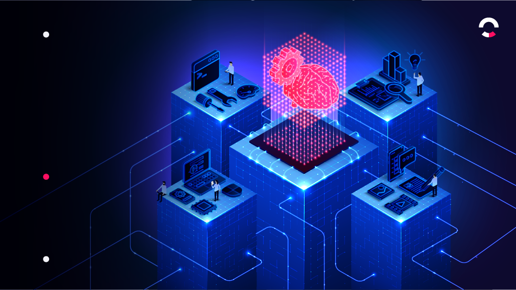Colunas azuis sobre um fundo preto com ícones que remetem a softwares, análise, observação e um cérebro digitalizado no centro, fazendo referência as métricas de qualidade de software com IA e SRE