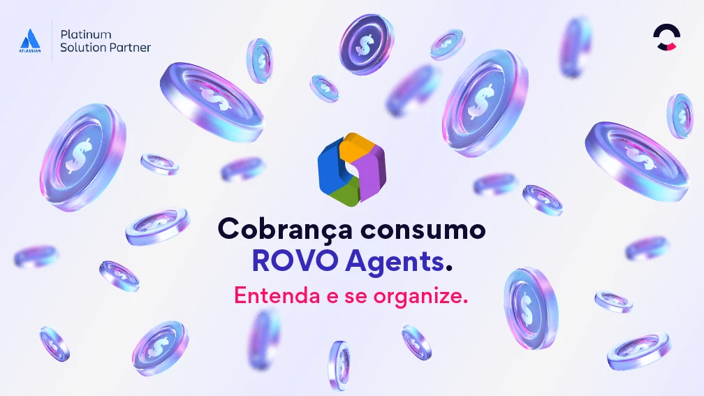 Imagem com moedas e fundo branco, com o texto “Cobrança consumo ROVO Agents.” e a frase “Entenda e se organize.”, sugerindo solução para cobrança e organização de pagamentos.