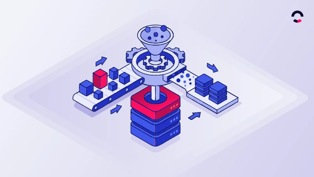 Ilustração isométrica de um sistema de mineração de processos com engrenagens, uma estrutura central em forma de plataforma e blocos conectados por setas, representando análise e extração de dados
